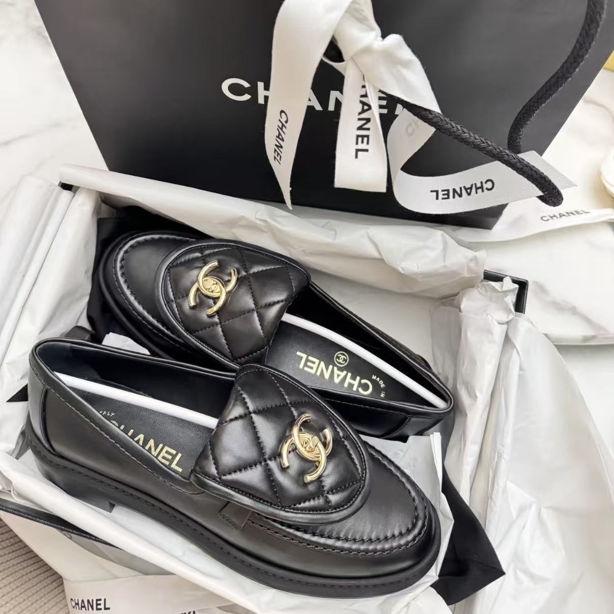 99新 Chanel/香奈儿 38.5/公价1.3w Loafers黑金书包扣乐福鞋2063
