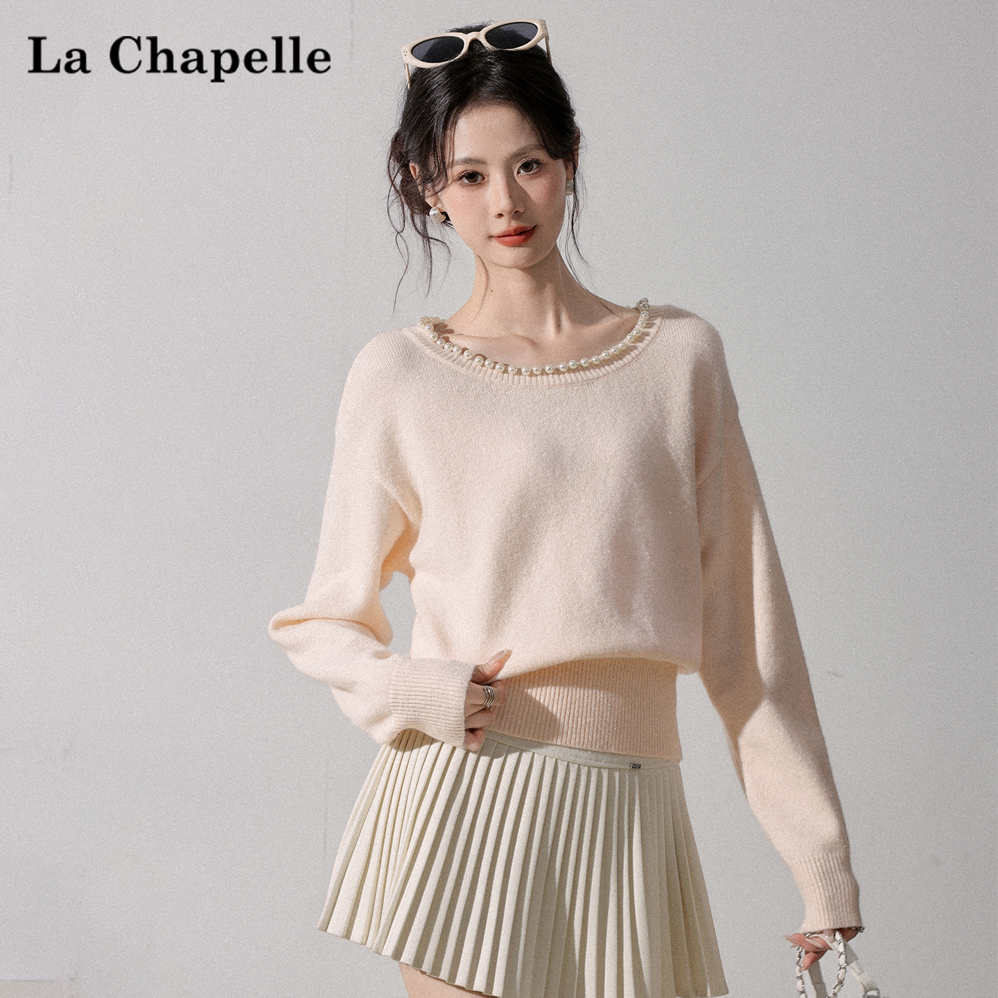 拉夏贝尔粉色珍珠圆领针织衫女设计感慵懒宽松软糯内搭毛衣上衣潮