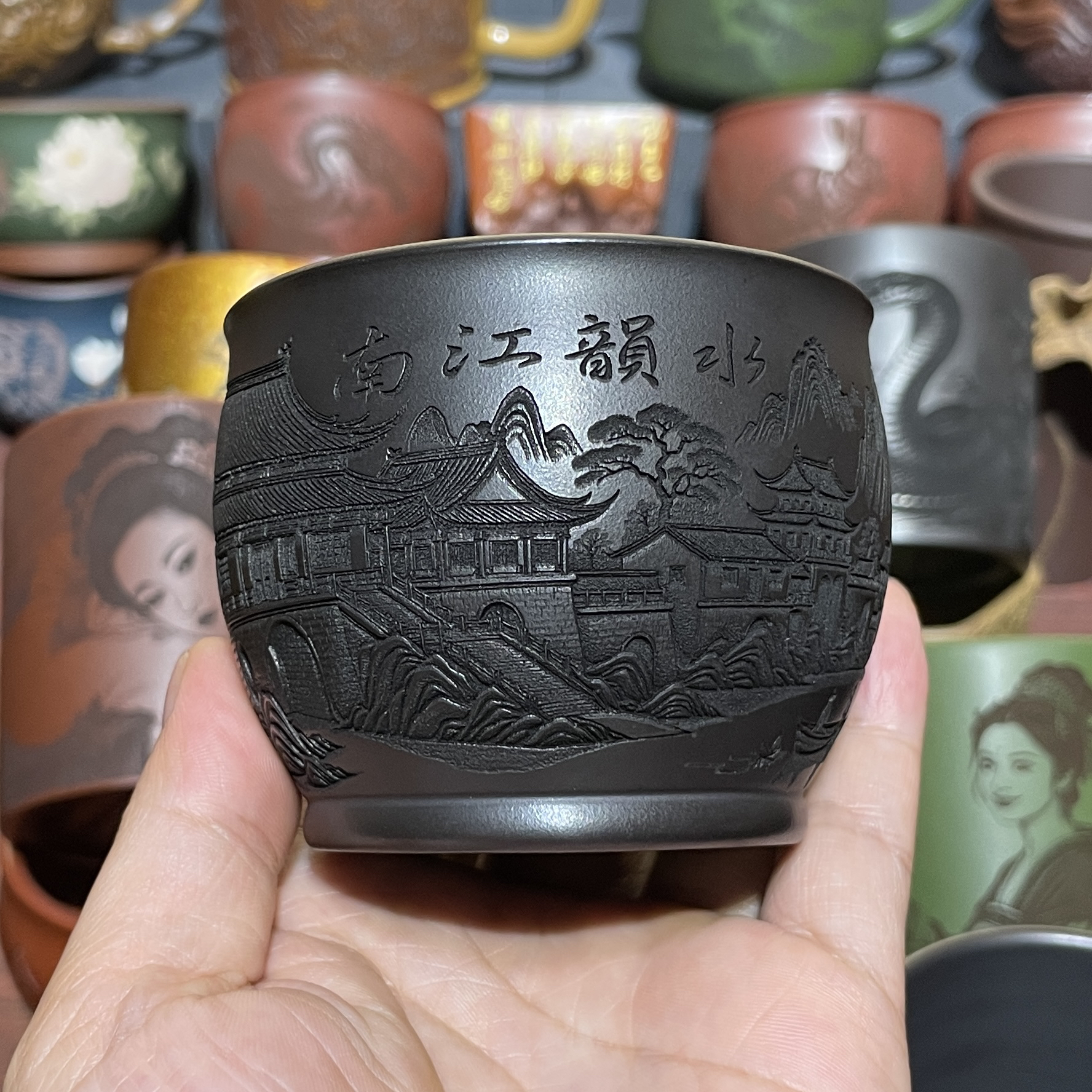 原矿纯石黄浮雕水韵江南紫砂主人杯140CC紫砂杯纯手工水缸杯茶杯