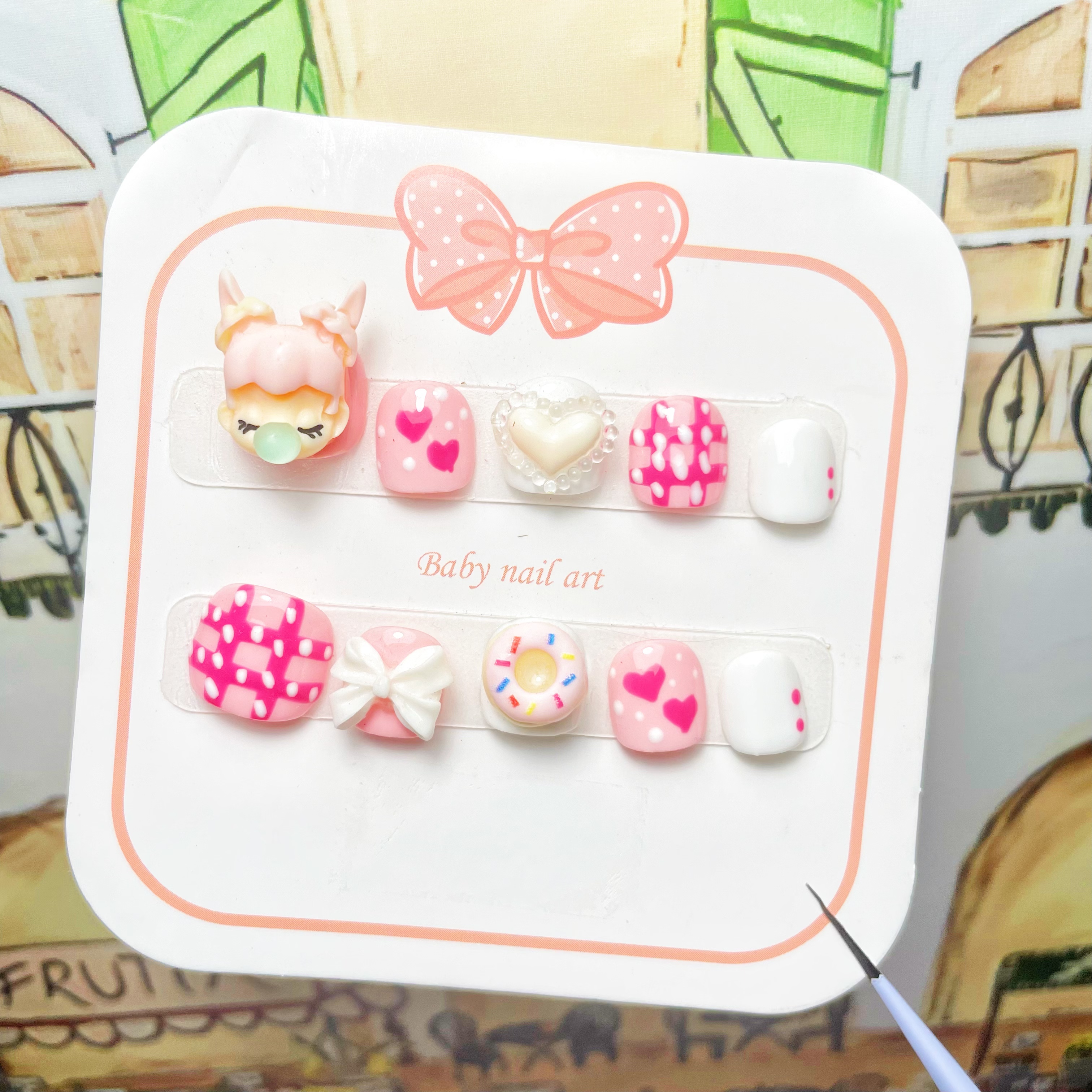 小朋友指甲贴泡泡女孩甜甜圈美甲纯手工穿戴甲卡通手指甲片假指甲