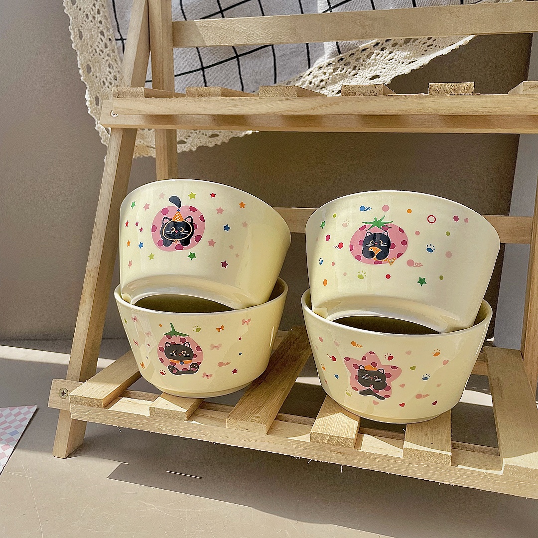 水果猫猫卡通ins餐具饭碗家用粉色少女陶瓷甜品高颜值釉下彩可爱