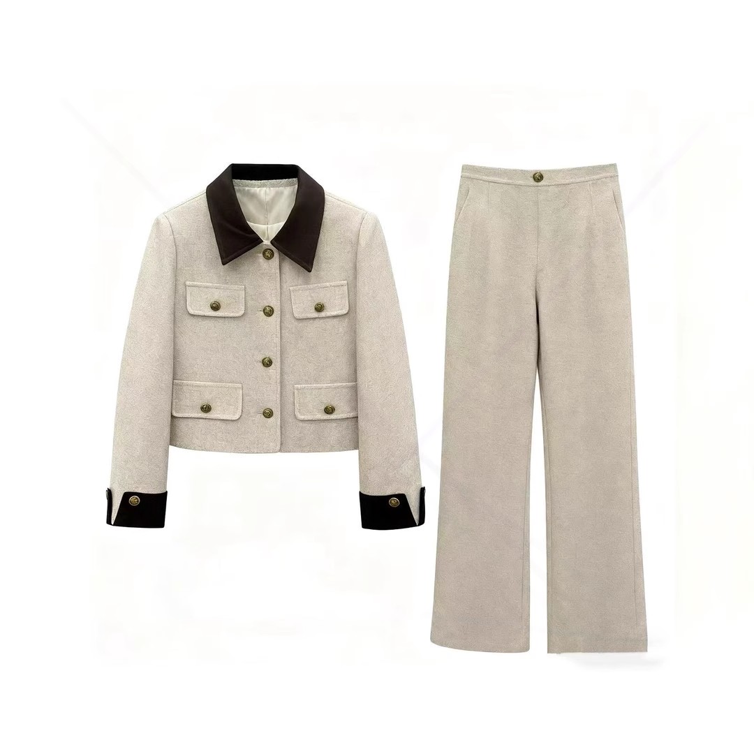 【纪朵研】1478春秋新款短款法式轻职风休闲时尚上衣直筒裤套装百搭