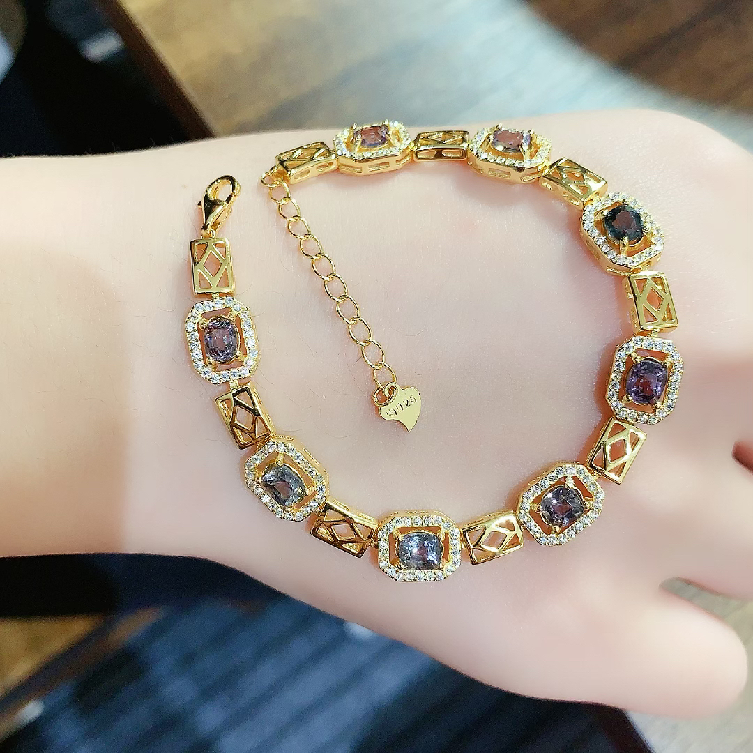 无烧天然尖晶石925银镀金手链灰紫色调