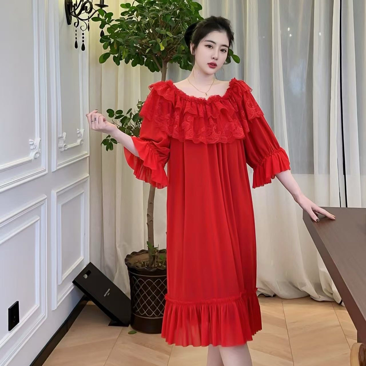 款号（055）睡衣新年红高端宫廷蕾丝一字肩仙仙红色家居服睡裙