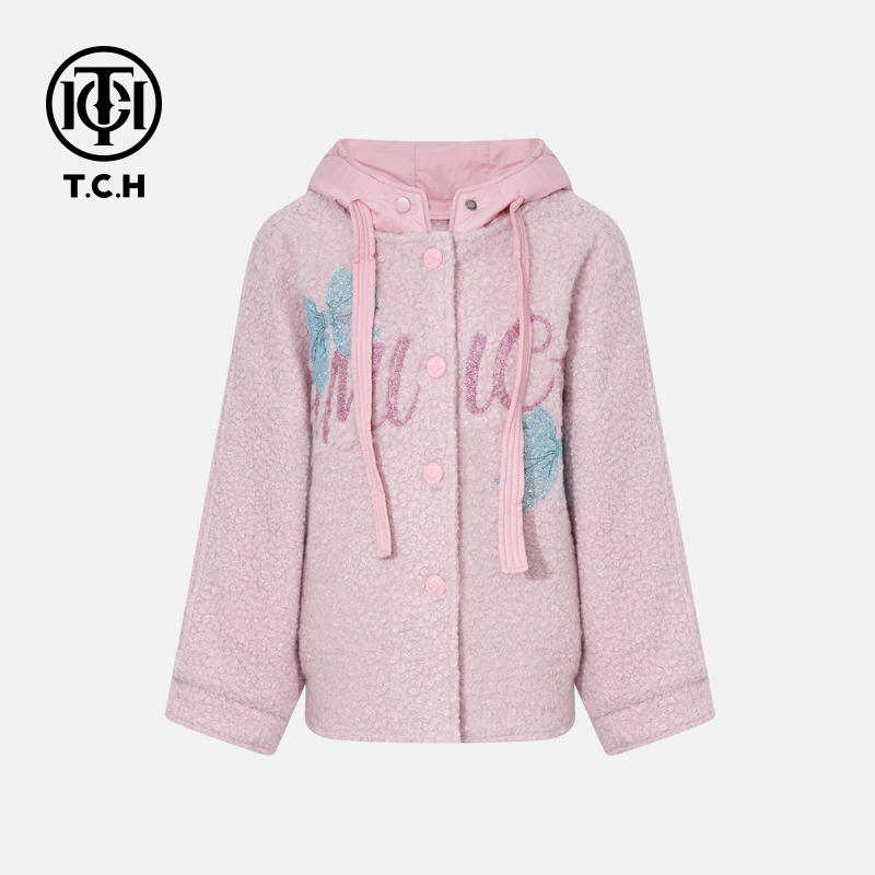 下架款！！TCH私服秋冬慵懒风烫钻时尚淑女粉休闲外套T75D27E1031A