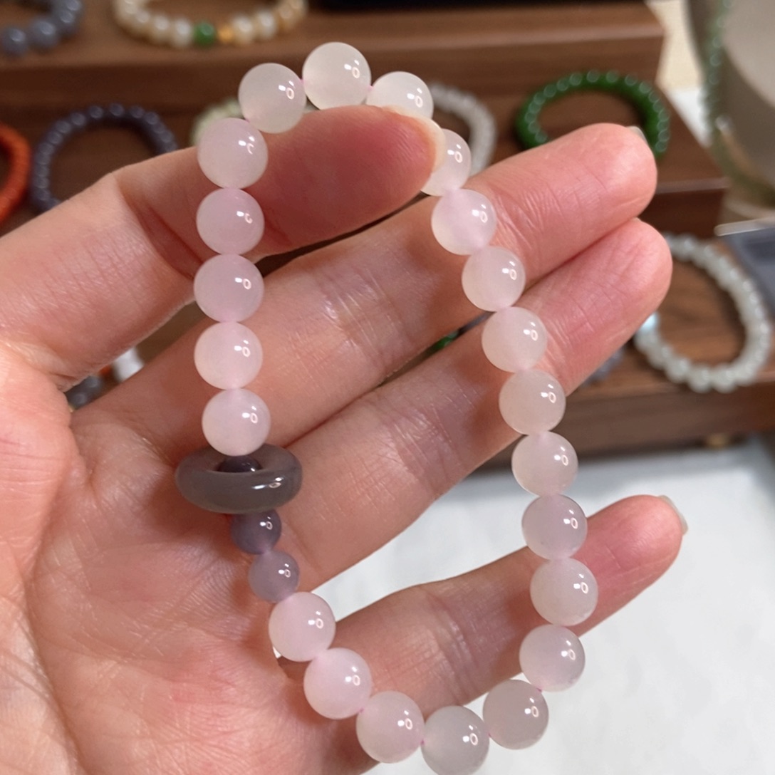 和田玉手链未镶嵌福利8mm浅冰藕粉