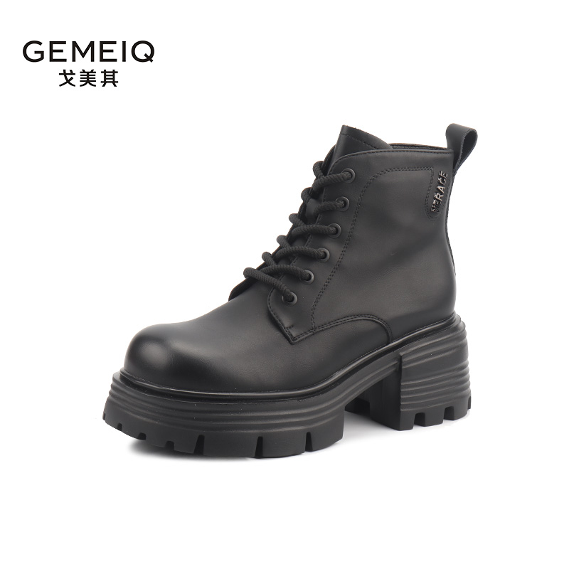 GEMEIQ/戈美其冬季英伦风加绒粗跟厚底马丁靴时尚圆头休闲女A132