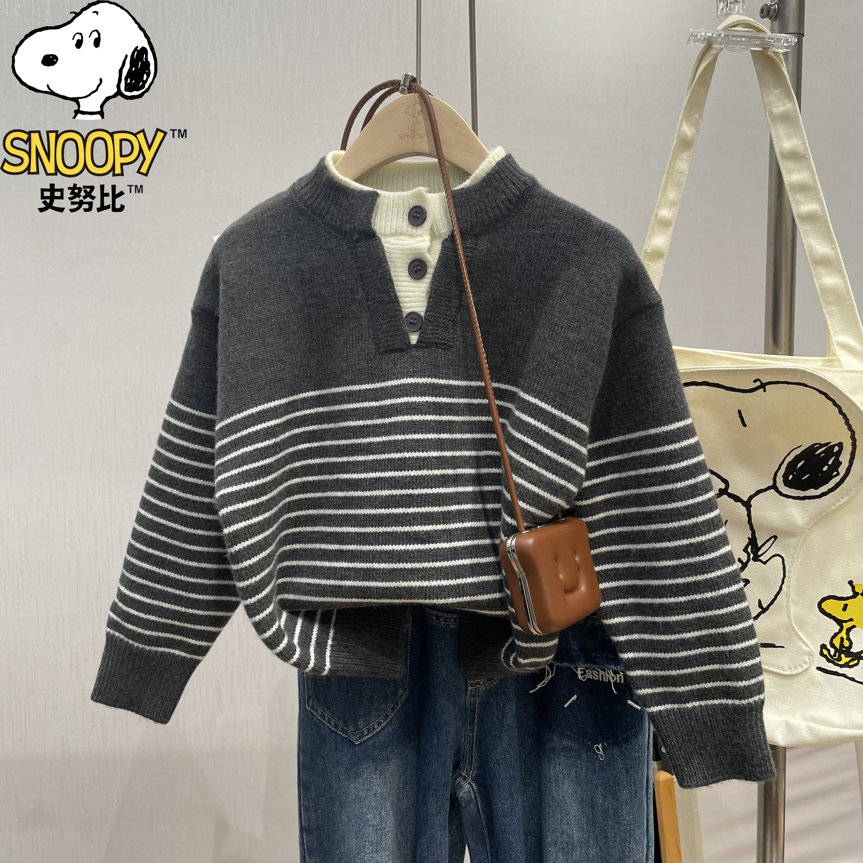 Snoopy/史努比儿童男童女童儿童时尚男孩假两件拼色男宝毛衣套头