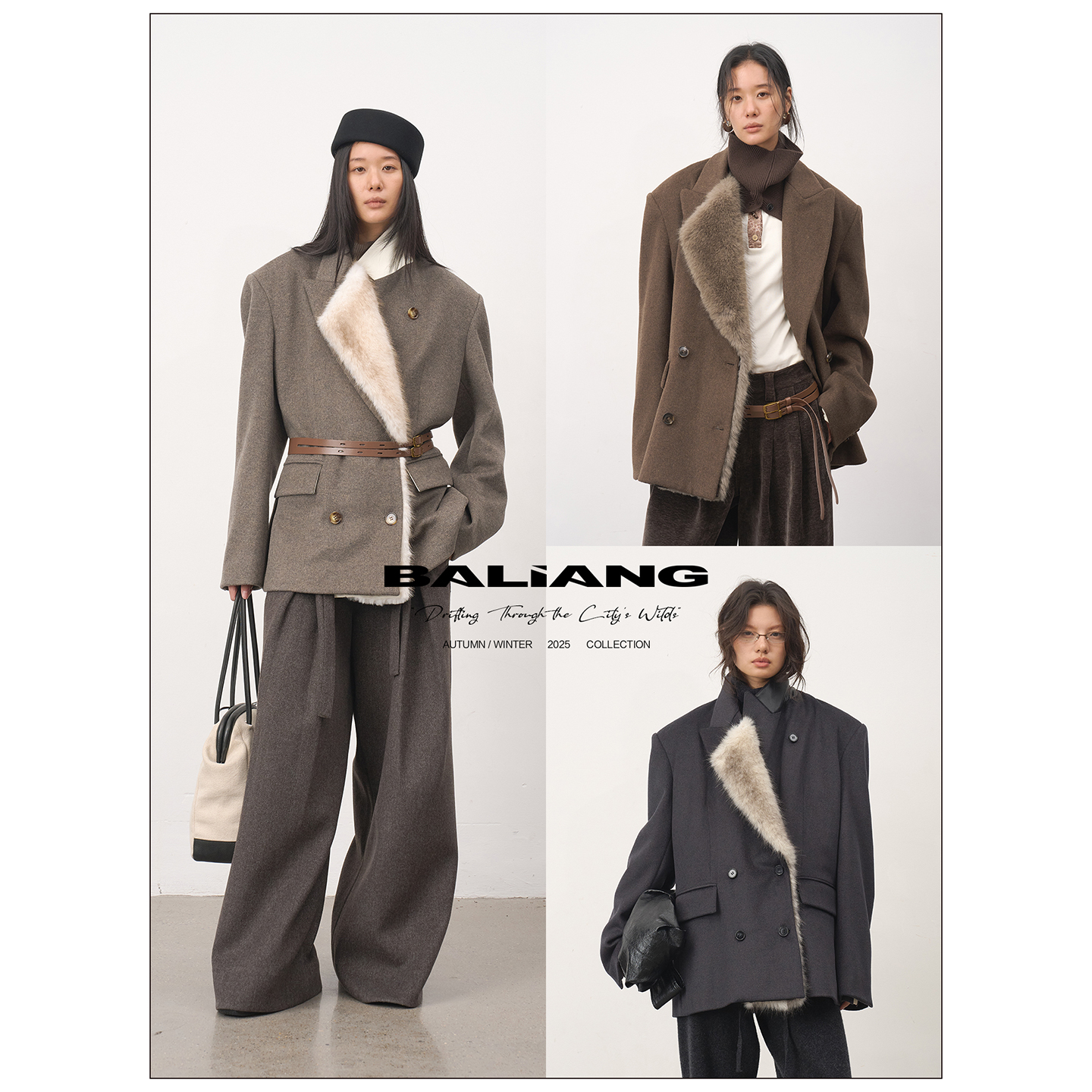 BALIANG「捌樑」 绾'Coil'可拆卸皮毛领精纺羊毛宽肩老钱毛呢西装
