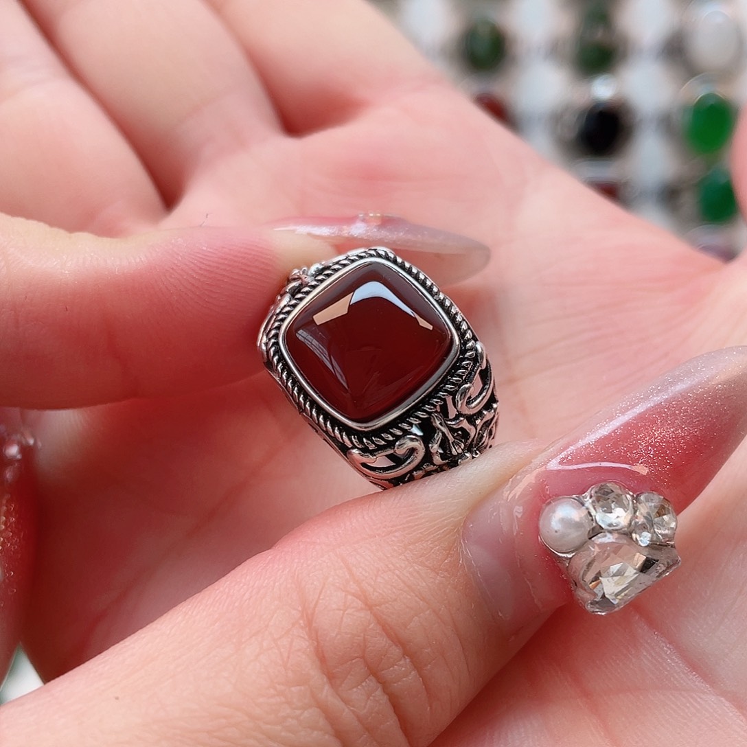 玛瑙/玉髓戒指银S925镶嵌