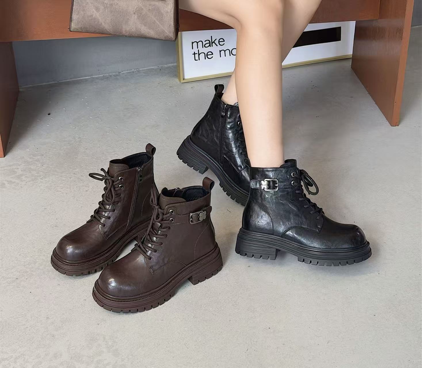 W60334粗跟系带短靴冬季新款加绒百搭潮酷马丁靴时尚瘦瘦靴 薄绒