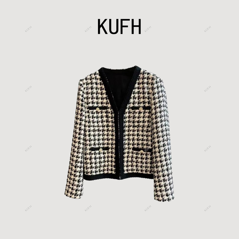 KUFH【棋盘星芒】秋冬款千鸟格粗花呢小香风短款外套女K28197