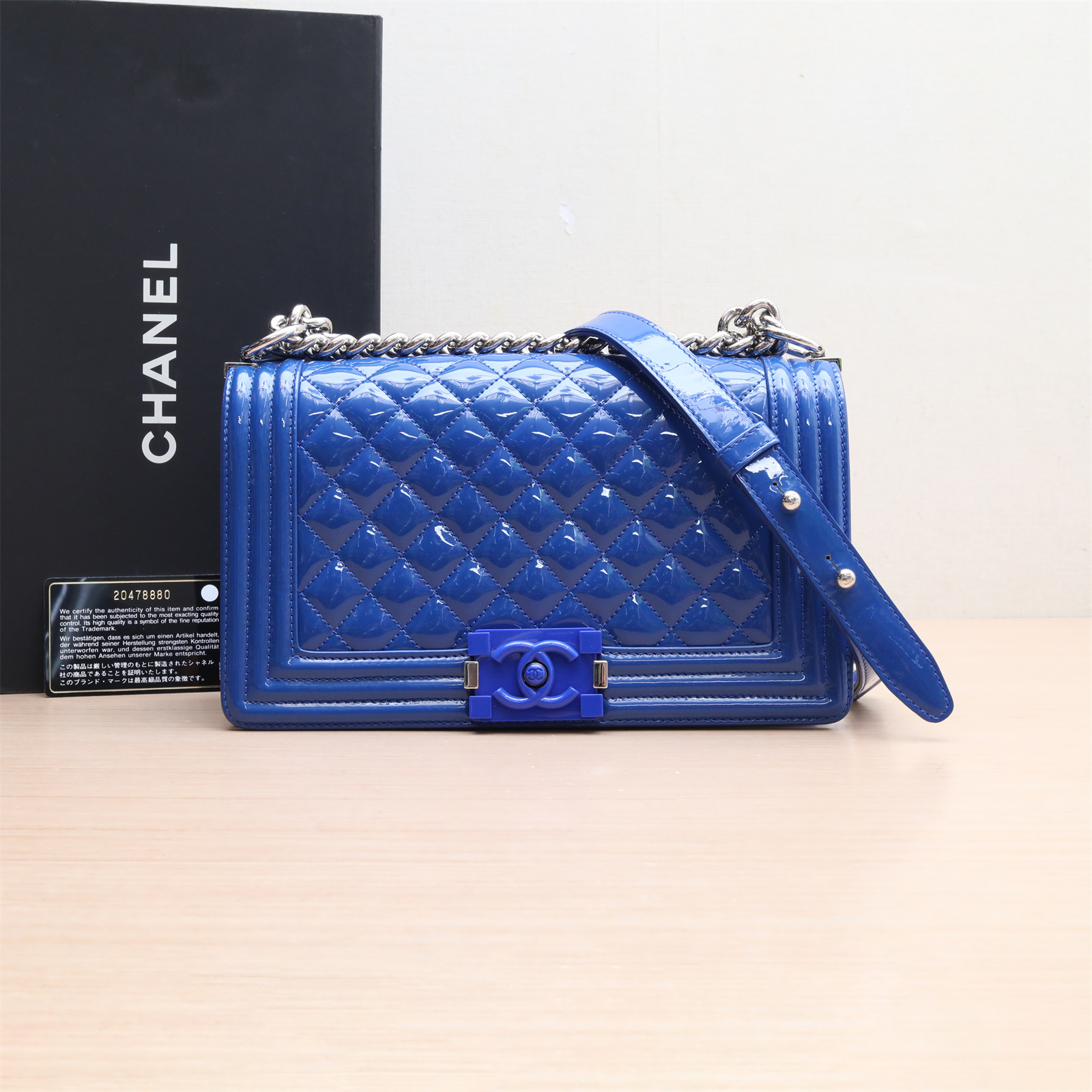 99新 Chanel/香奈儿 小花双双 Leboy 中号 蓝色 漆皮 20开 蓝扣