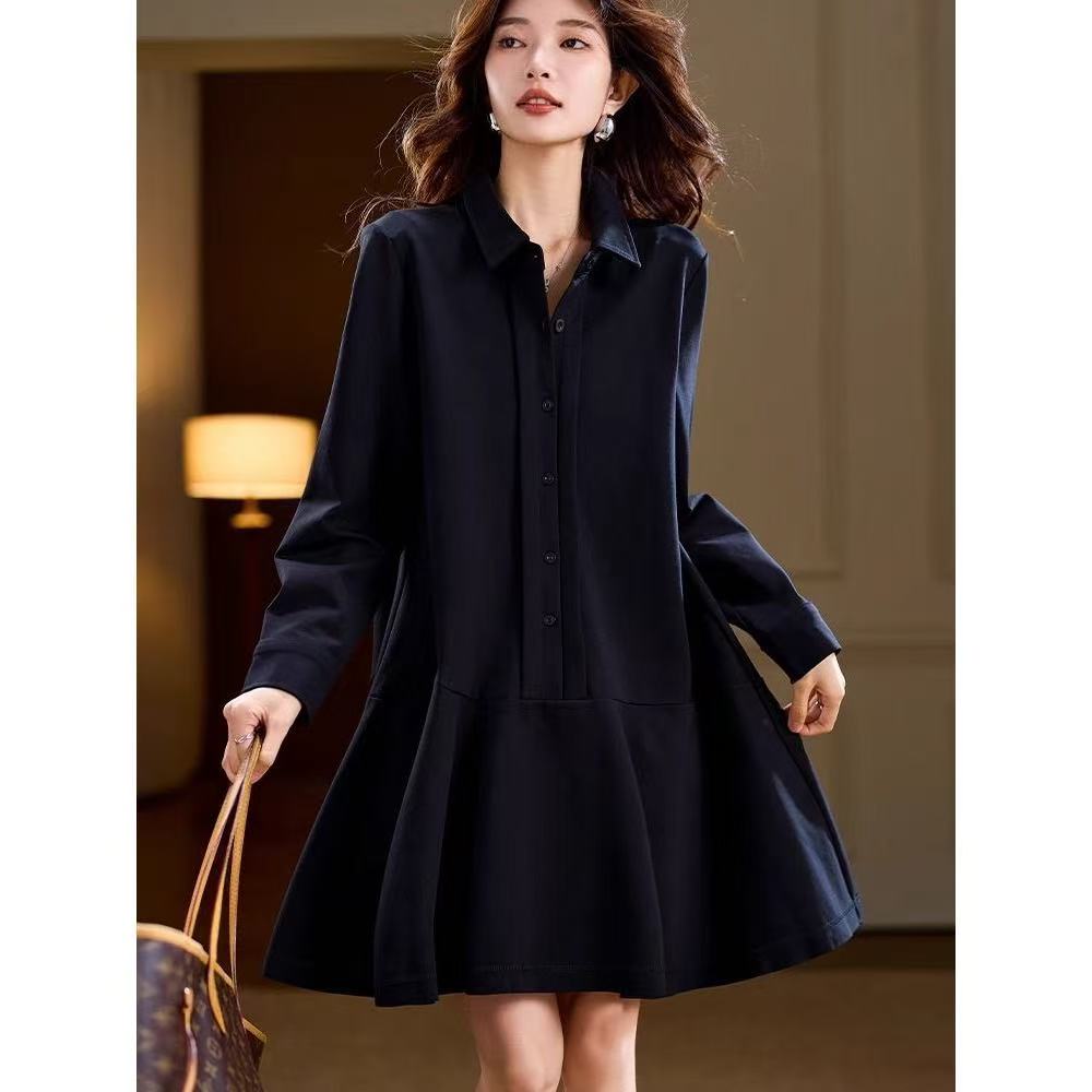 黑色POLO领连衣裙女2025春秋季新款休闲宽松气质显瘦中长款裙子