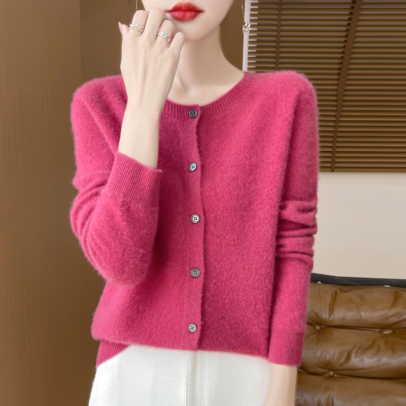 【桂花针100羊毛】开衫女圆领羊毛衫长袖针织外套秋冬新款红色毛衣