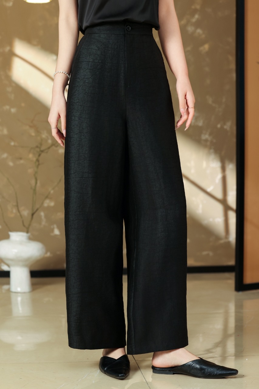 100桑蚕丝 香云纱阔腿裤 黑龟纹松紧腰时尚女裤气质休闲裤