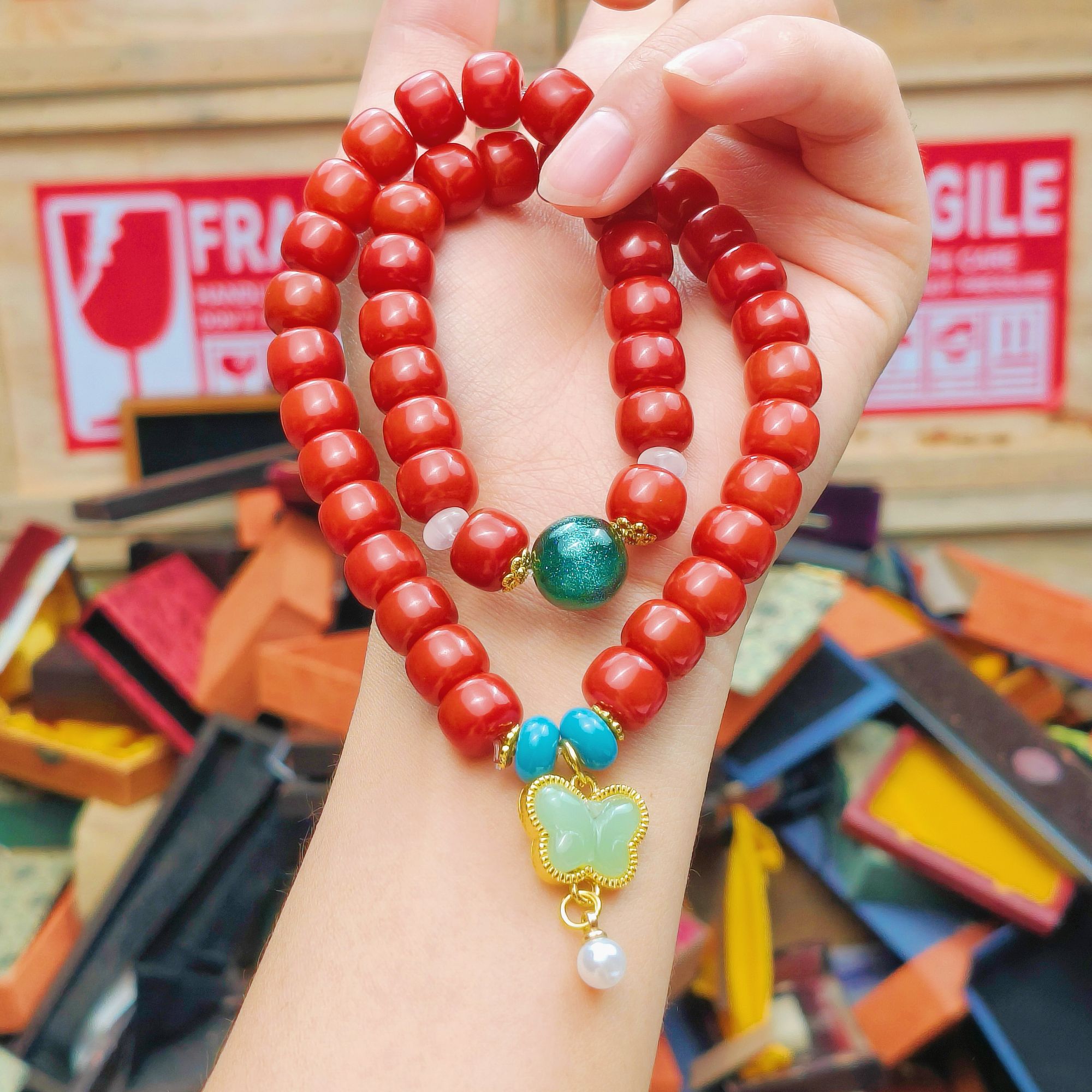 橘子红菩提双圈蝴蝶款 精品手串 无礼盒 JG 0063