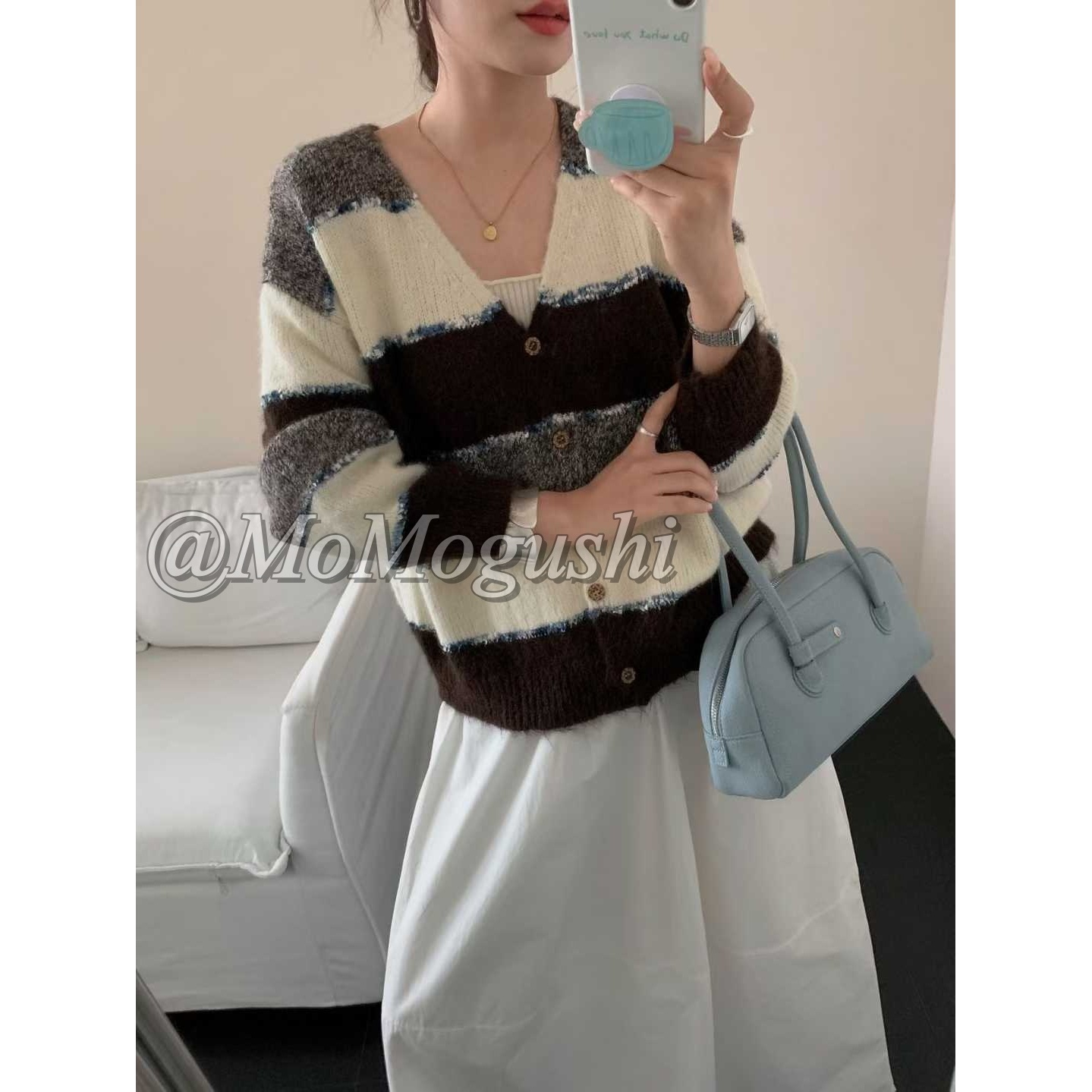 秋冬圆领针织衫宽松针织衫慵懒风气质时尚条纹套头女装百搭