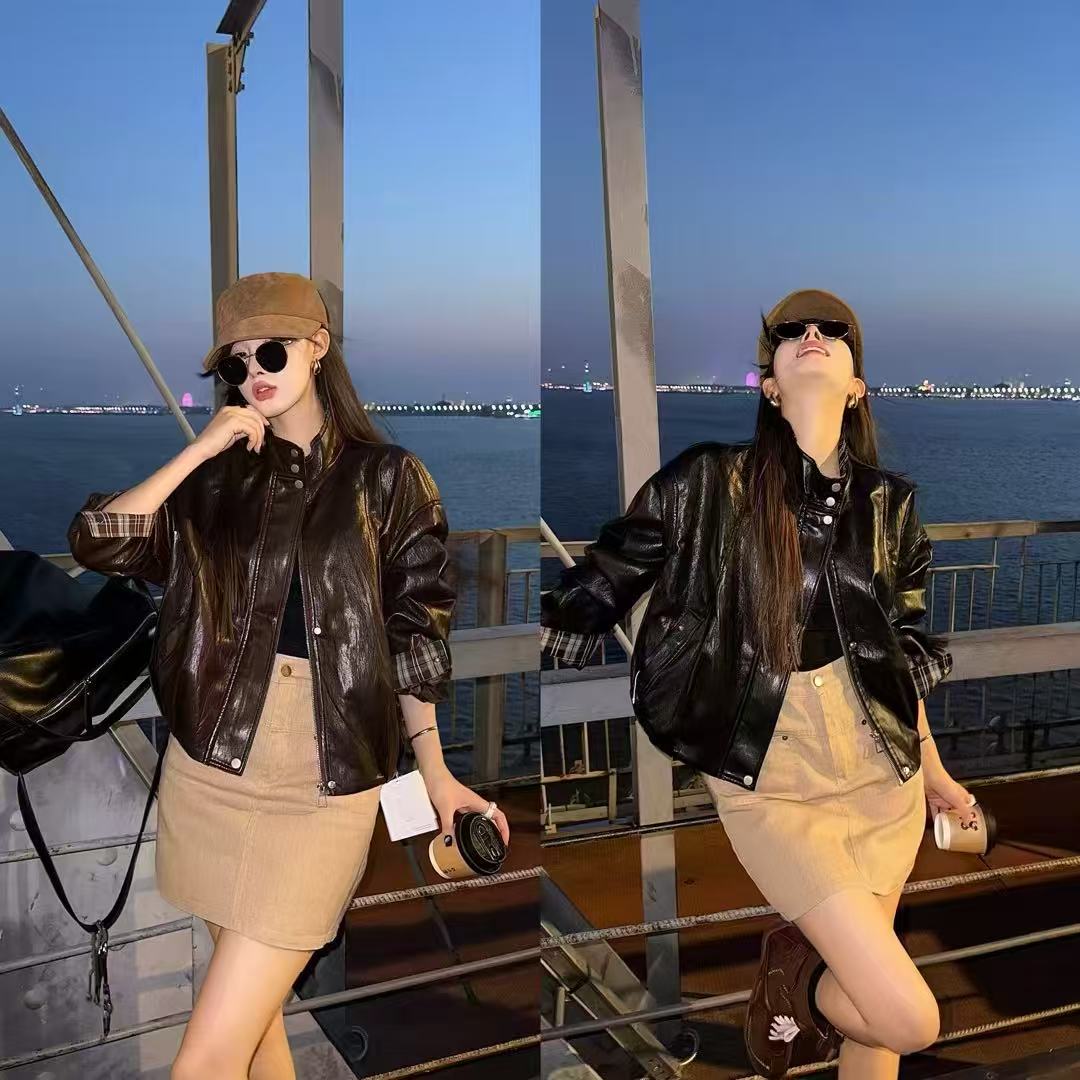 宽松水洗复古港风女装立领短外套秋季皮衣皮夹克网红