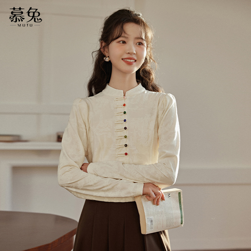 慕兔新中式国风彩色盘扣衬衫女2024秋季新款设计感小众泡泡袖上衣