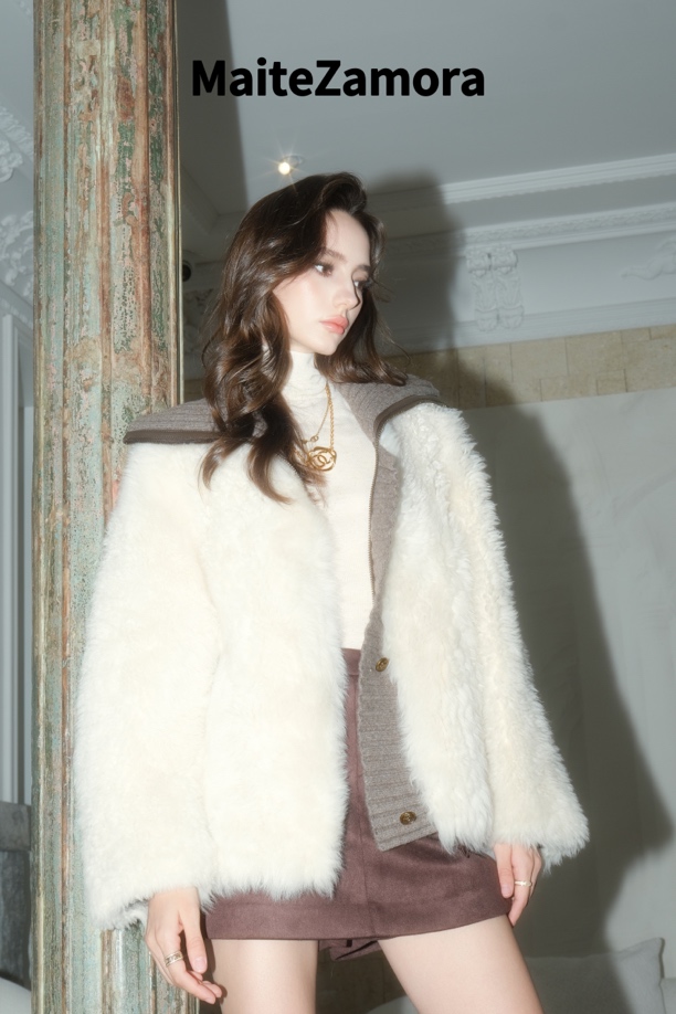 MaiteZamora学院风金属扣针织拼接羊毛休闲外套