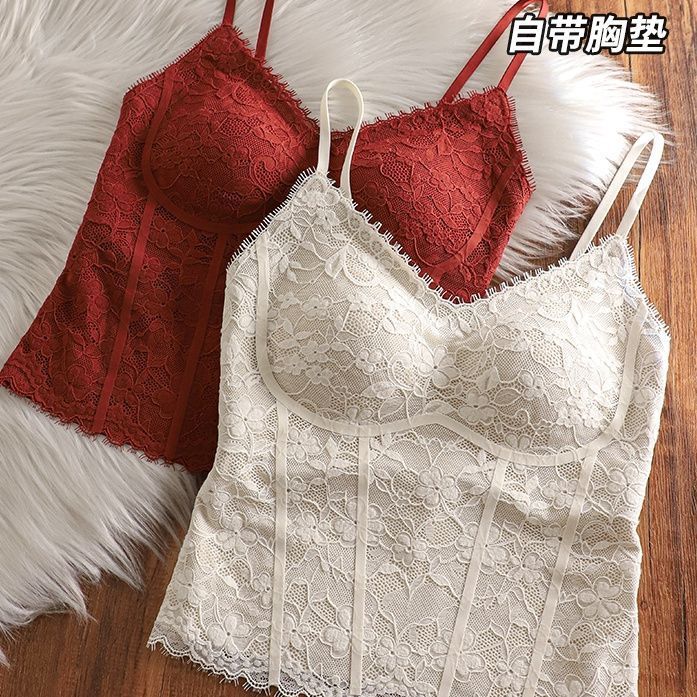 独特复古百搭蕾丝吊带背心女带胸垫早秋长款美背内搭打底修身显瘦