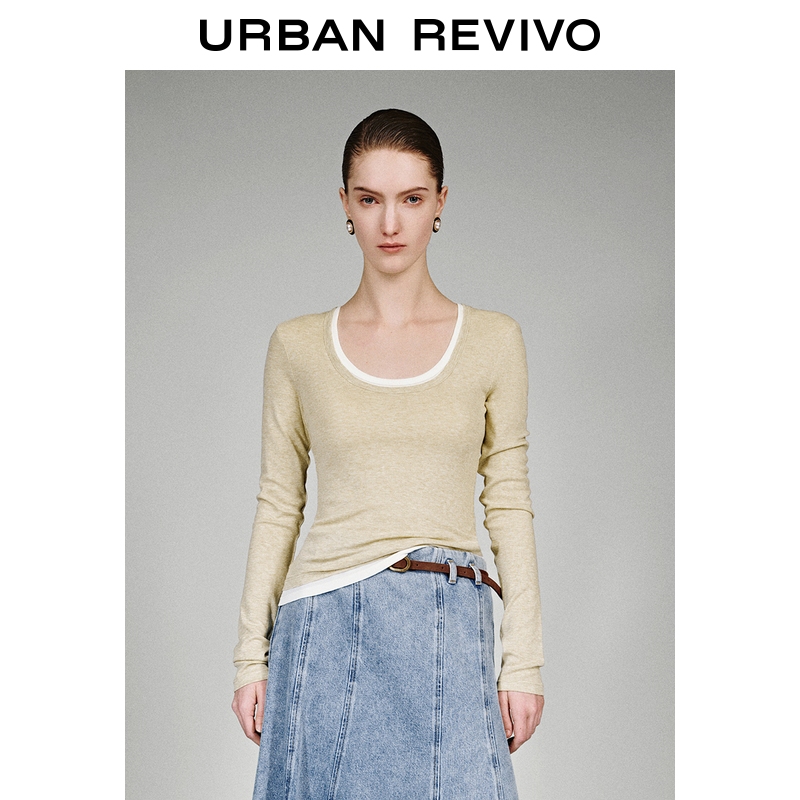 UR2026春季新款女装气质假两件修身短款长袖T恤UWM460008