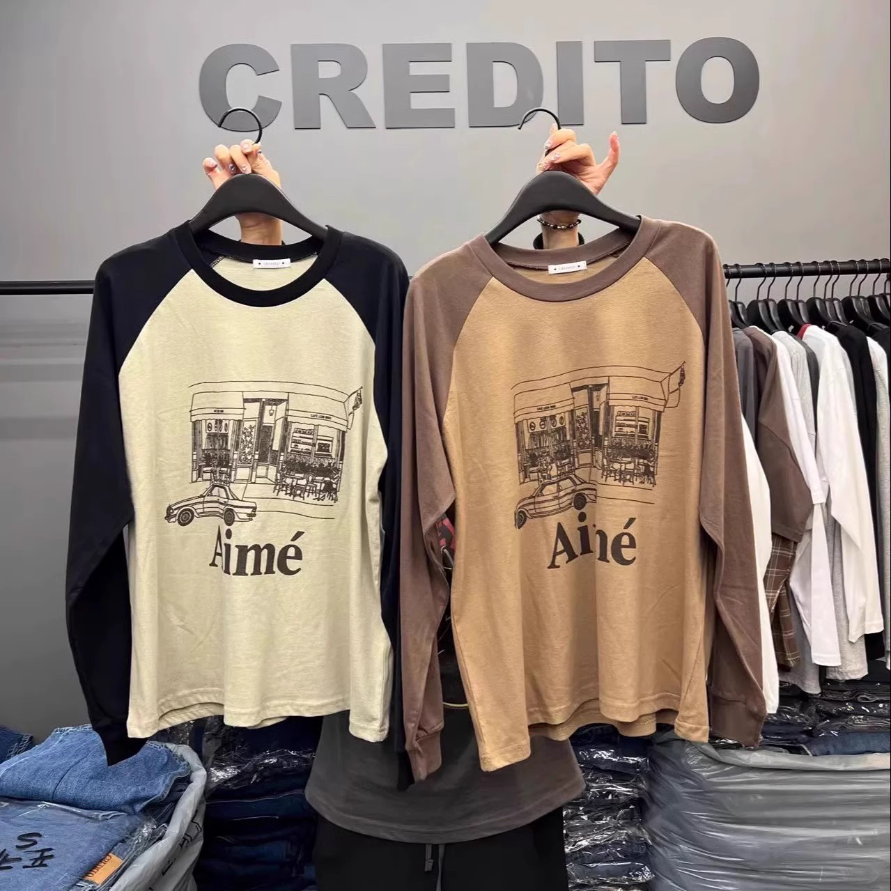 credito 2024秋新款 卡通印花拼色插肩外穿打底长袖T恤