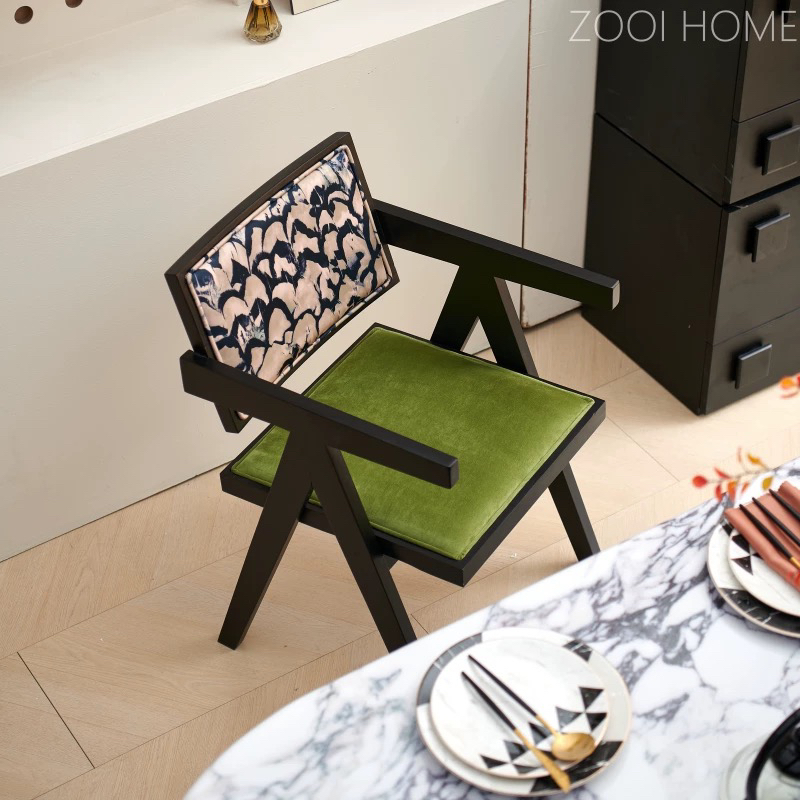 实木餐椅复古简约中古风扶手休闲藤编椅昌迪加尔