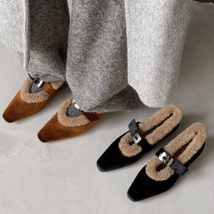 【重百优选】Echo&yolo方头毛绒玛丽珍鞋女加绒保暖一字扣秋冬单鞋