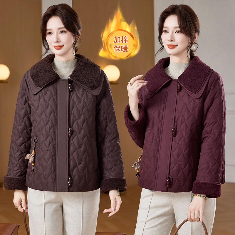 妈妈秋冬装时尚翻领加棉外套2025新款中老年女装气质保暖减龄棉衣