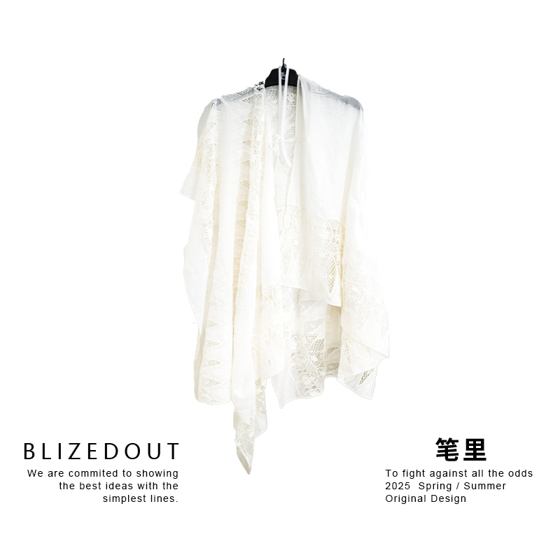 笔里【BLIZEDOUT】独立设计5071209白色镂空拼接民族风绑带外搭开衫