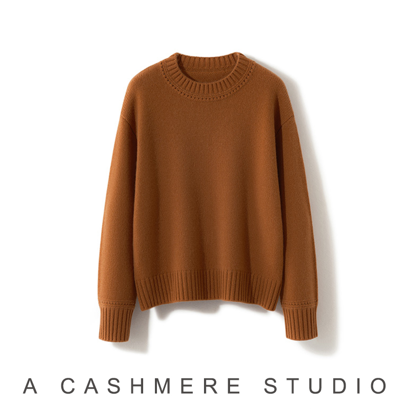 【26股纱五针三根】纯山羊绒螺纹＋镂空女士加厚圆领针织衫  90630