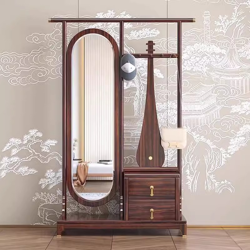 乌金木实木衣帽架家用入户落地挂衣架新中式抽屉储物一体镜子书桌
