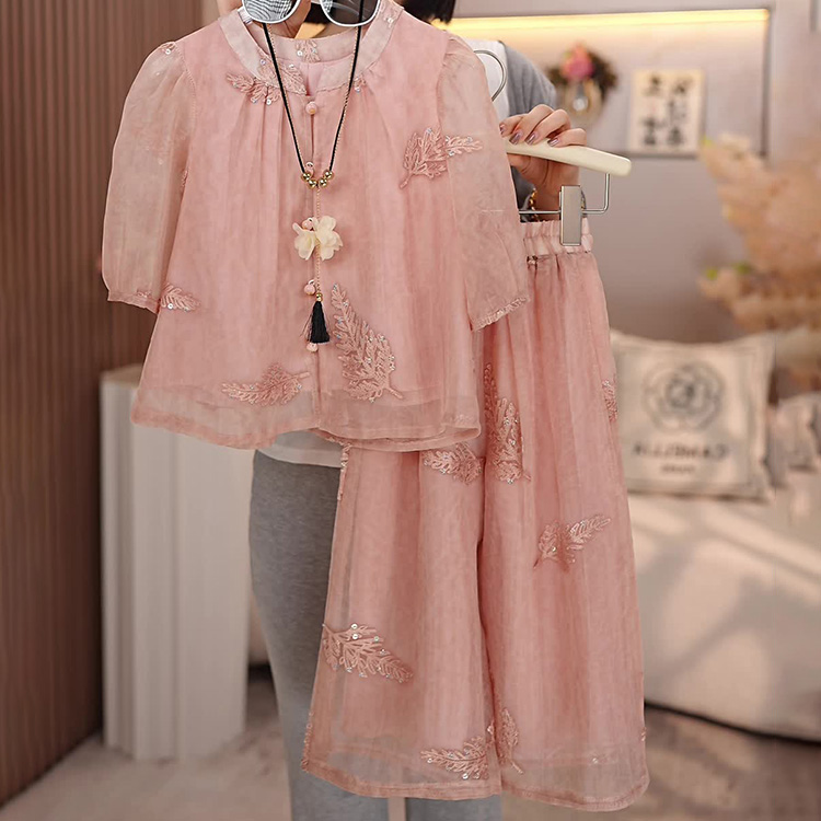 女童夏装2025新款套装韩版洋气碎花国风新中式衫休闲阔腿裤两件套