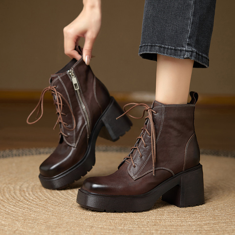 牛皮/8cm/秋季新款小个子增高跟厚底粗跟系带真皮舒适女鞋短靴子