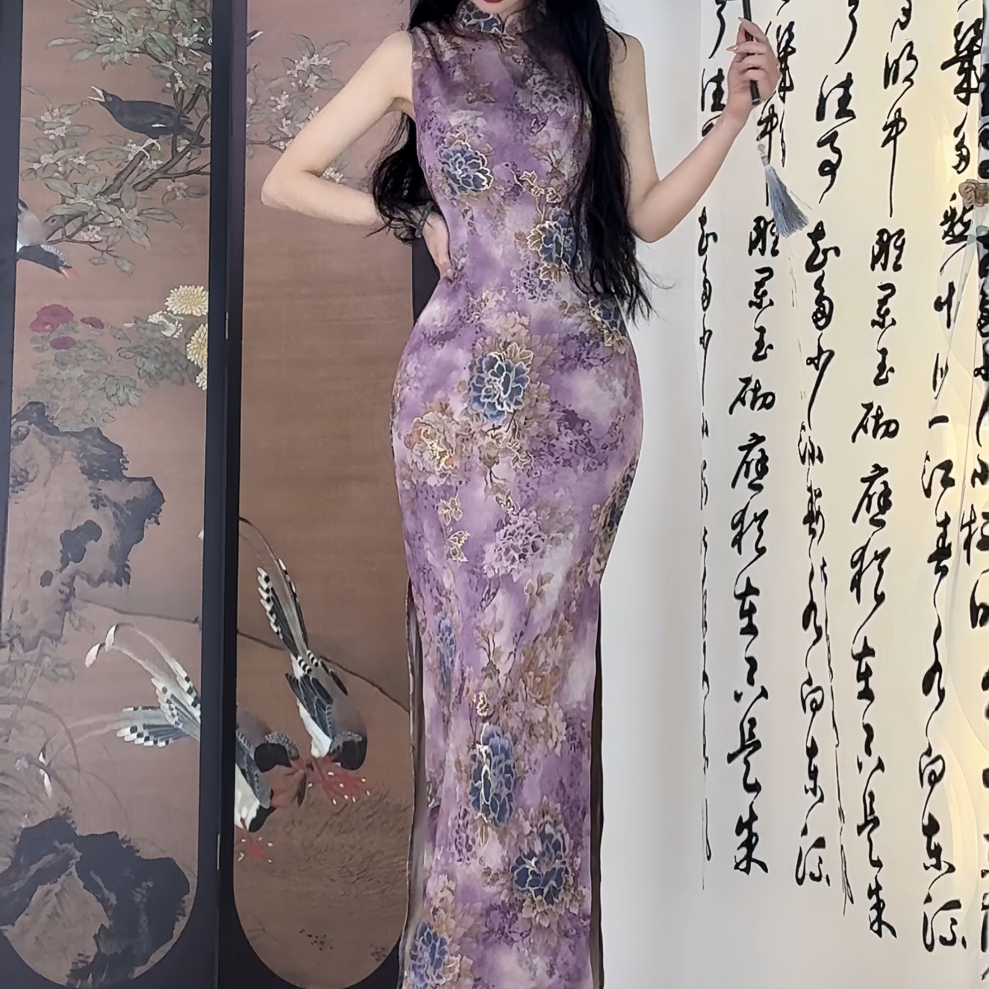 秋辞香~紫墨染 无袖春夏国韵修身港工旗袍连衣裙