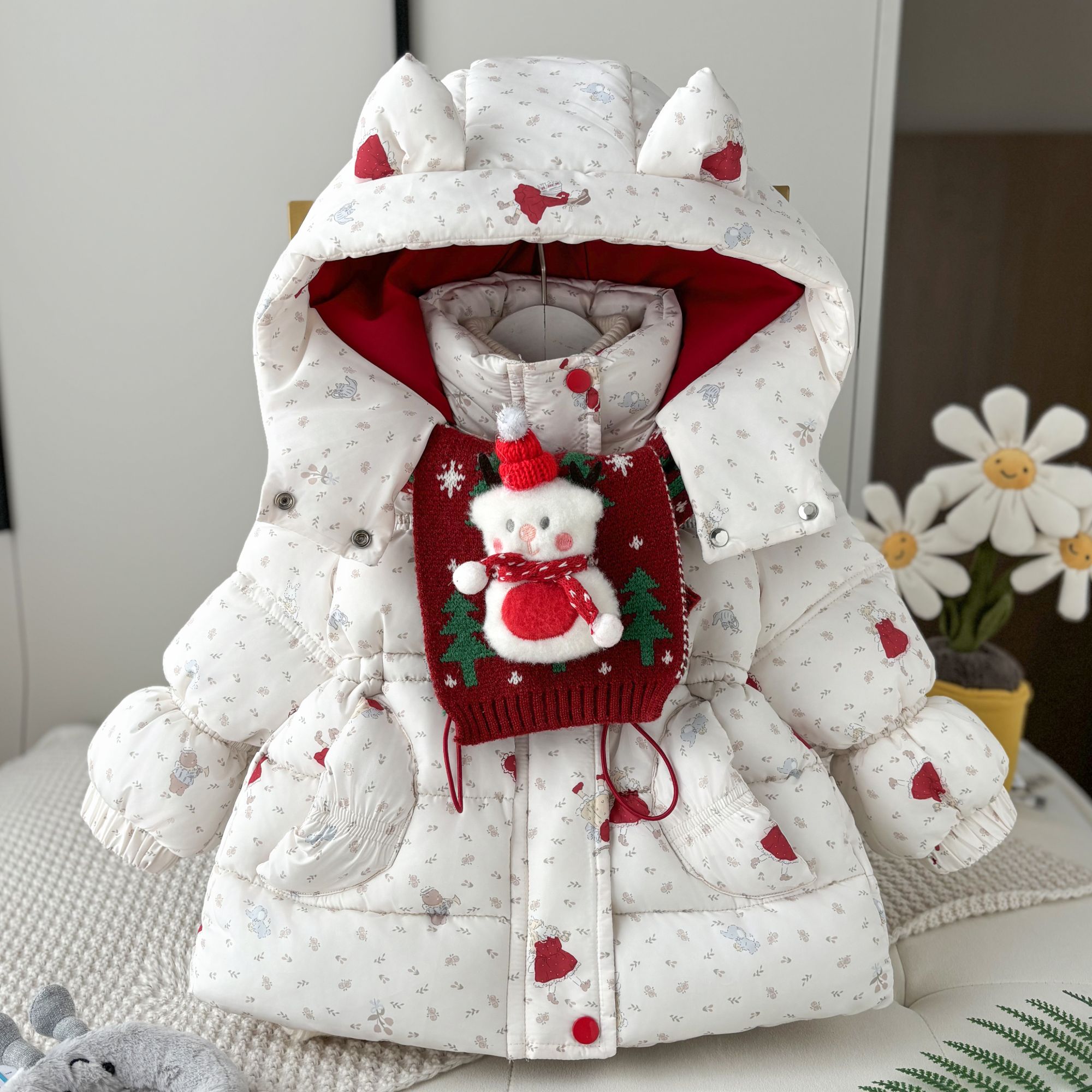 加绒加厚款女宝女童中长款棉袄中国红女童棉服 卡通女孩棉衣外套