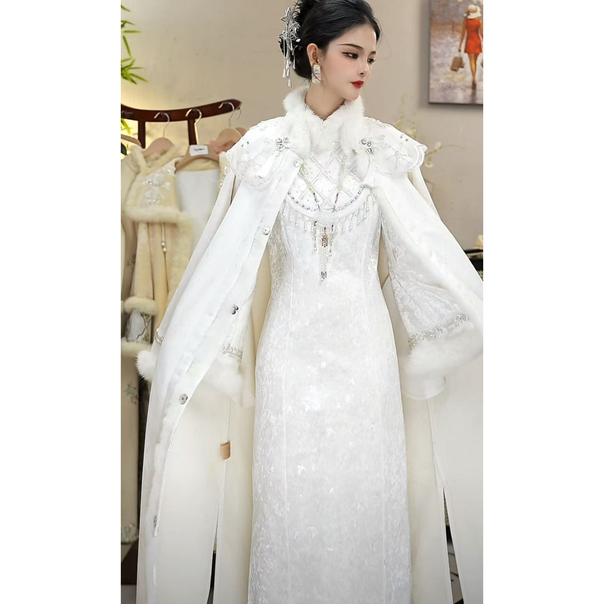 花享悦2024冬季新款加绒中式长款月白女装裙WW（6523+6524）