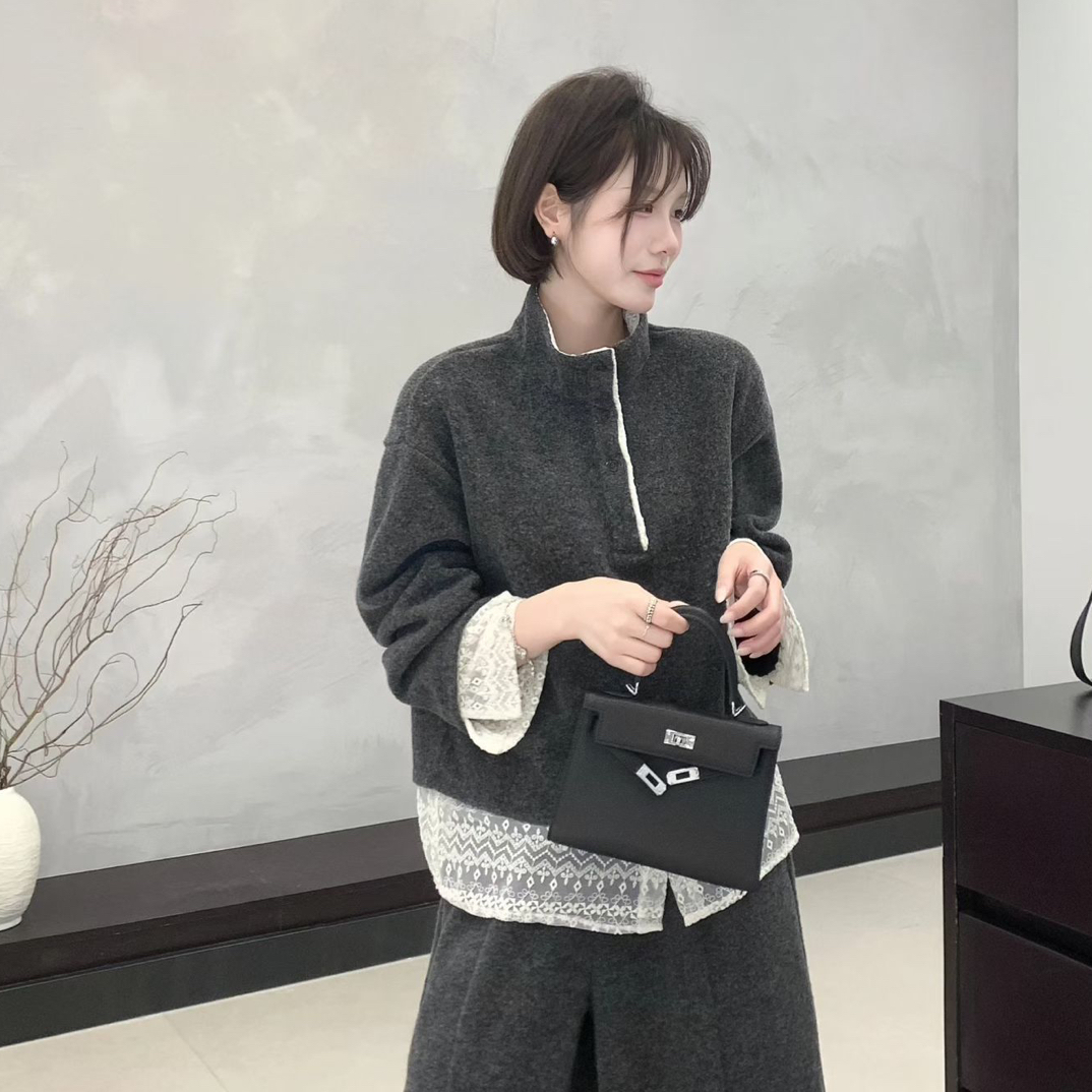 韩系气质蕾丝拼接假两件立领卫衣2601