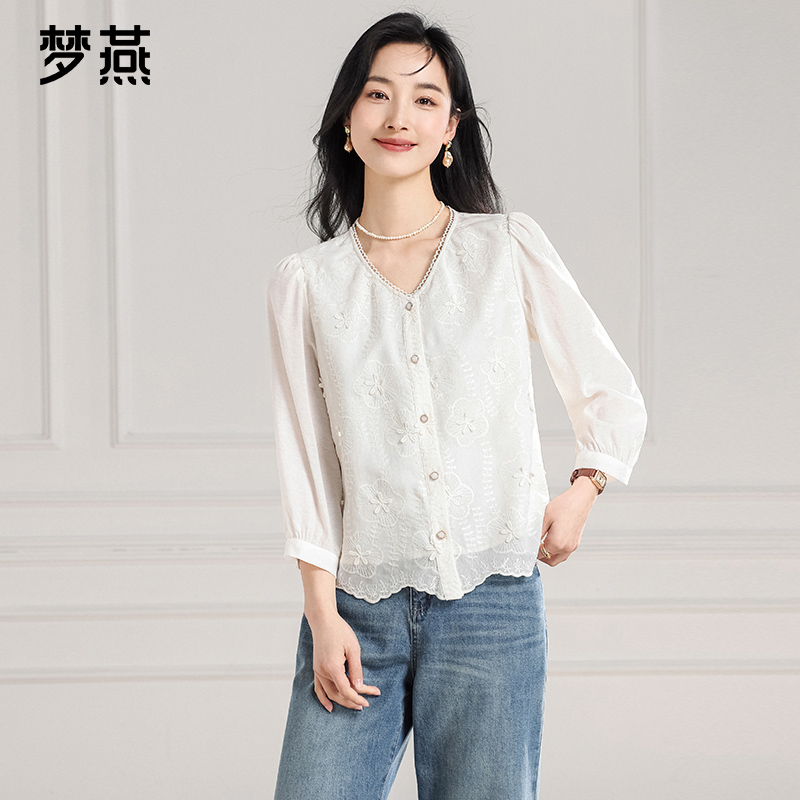 梦燕夏季女款法式小众简约气质款宽松蕾丝小衫时尚上衣BA04B5008
