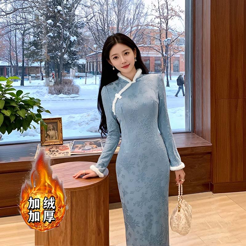 【加绒加厚】蓝色新中式日常改良旗袍女秋冬加绒长袖连衣裙D4179