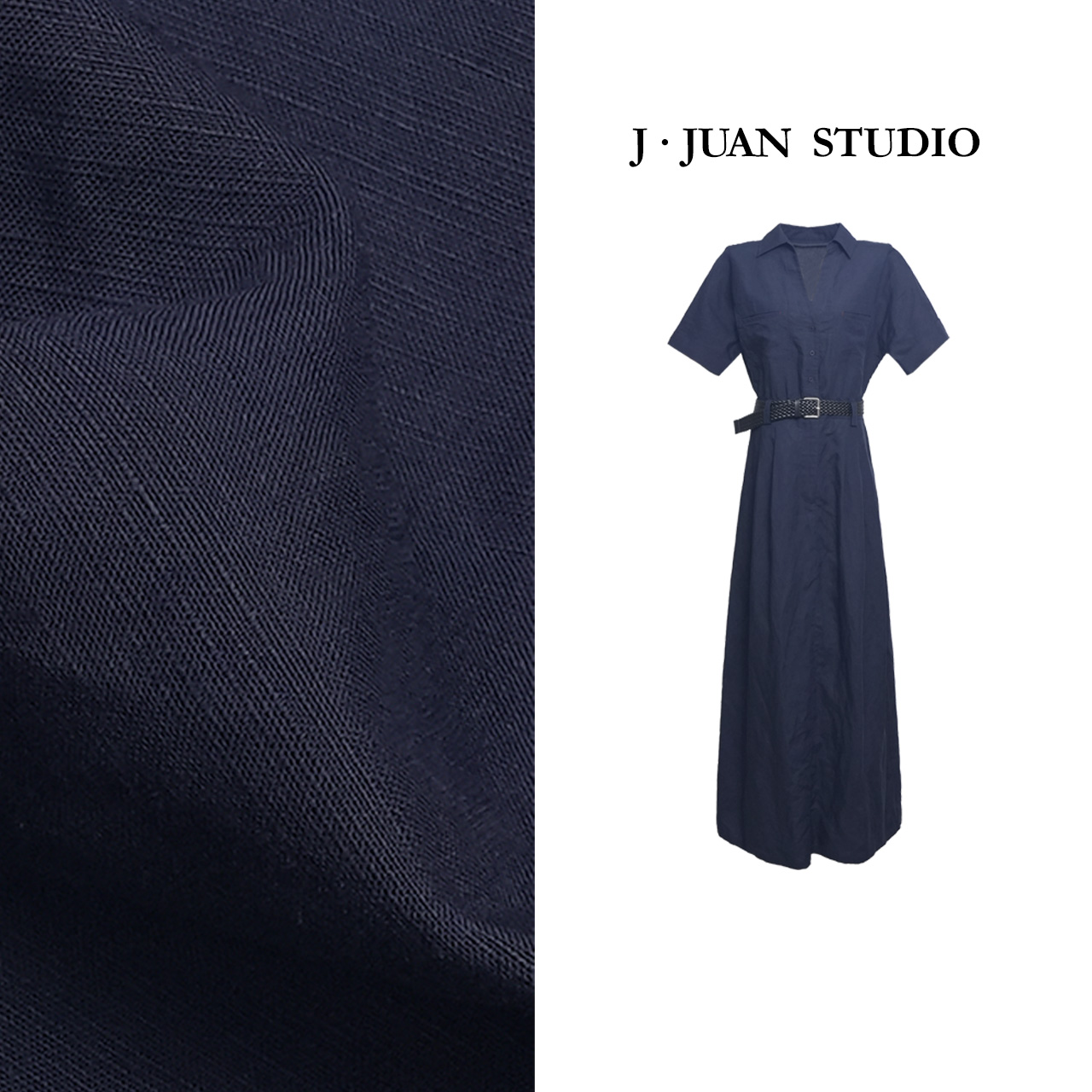 【J.Juan】仲夏-天丝亚麻V领连衣裙高个子女装气质显瘦衬衫连衣裙