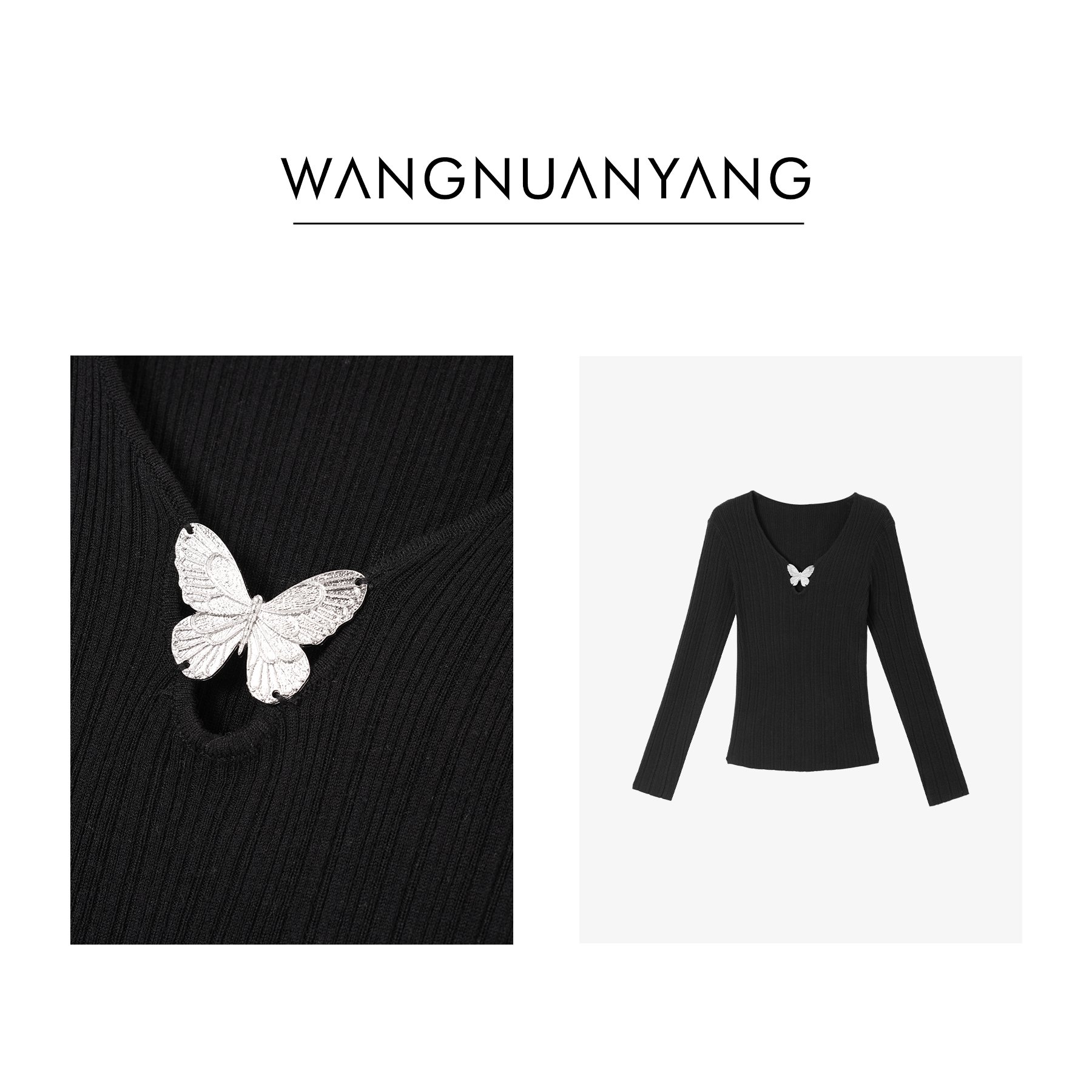 【WNY】蝴蝶芭蕾|设计感密实竖坑条蝴蝶装饰气质长袖针织衫