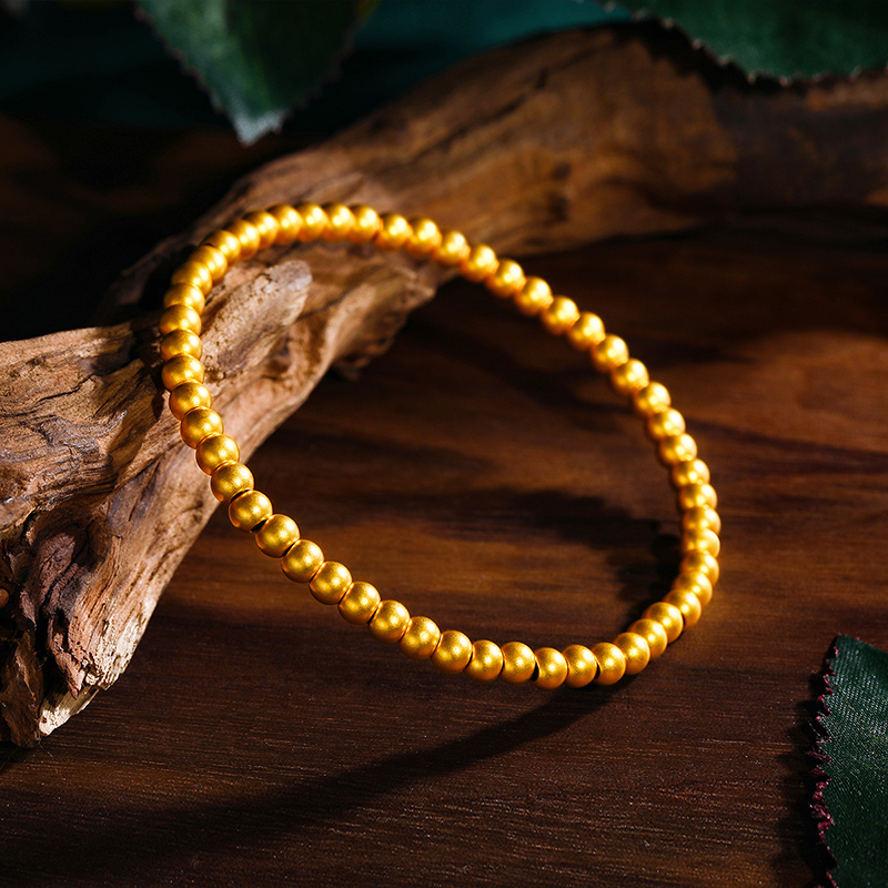 梦金园黄金手链女足金砂面圆珠小金珠3D硬金手环手饰官方正品礼物