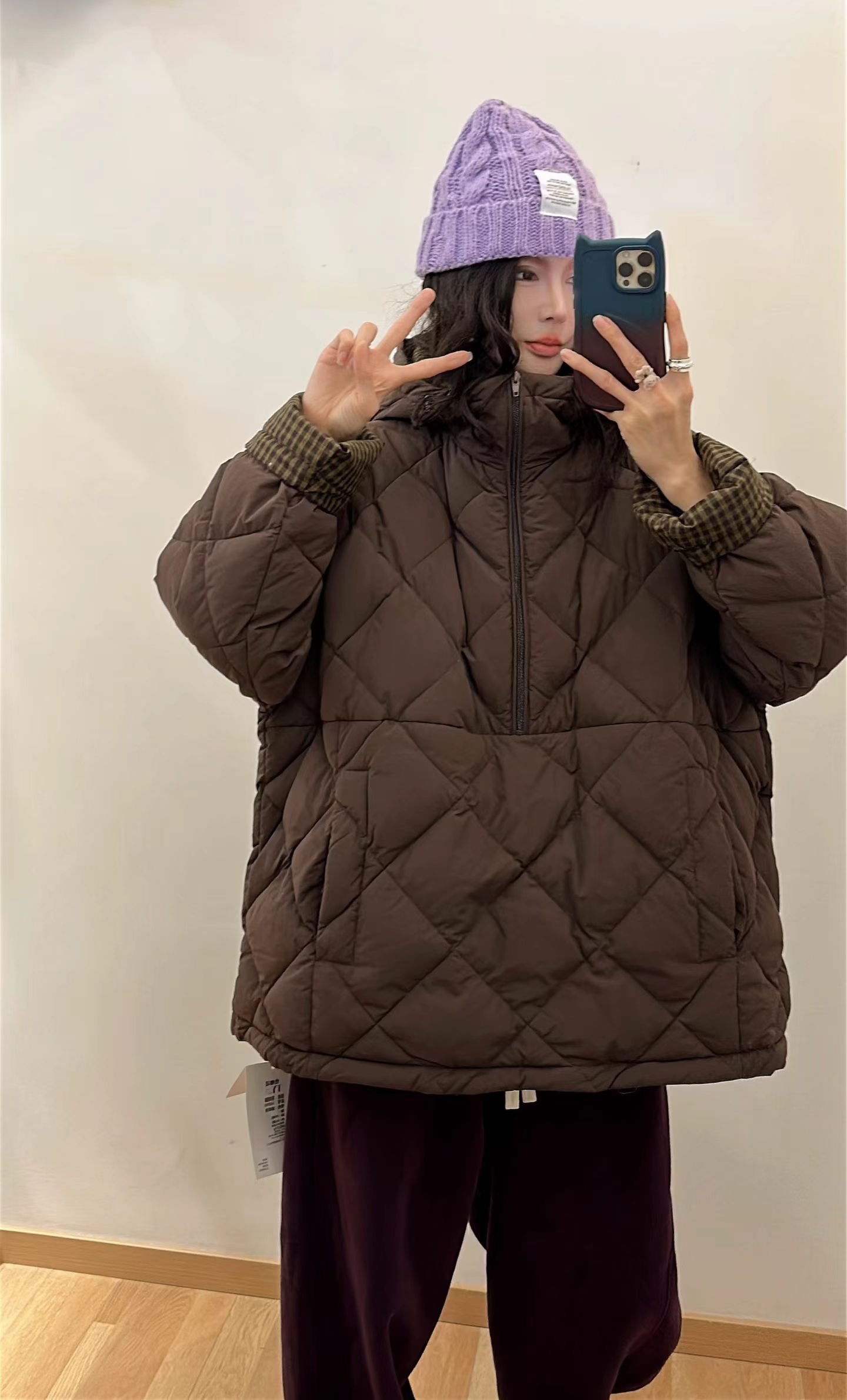 小柒-十三行TY#宽松休闲轻薄格子连帽羽绒服短款套头韩版长袖保暖