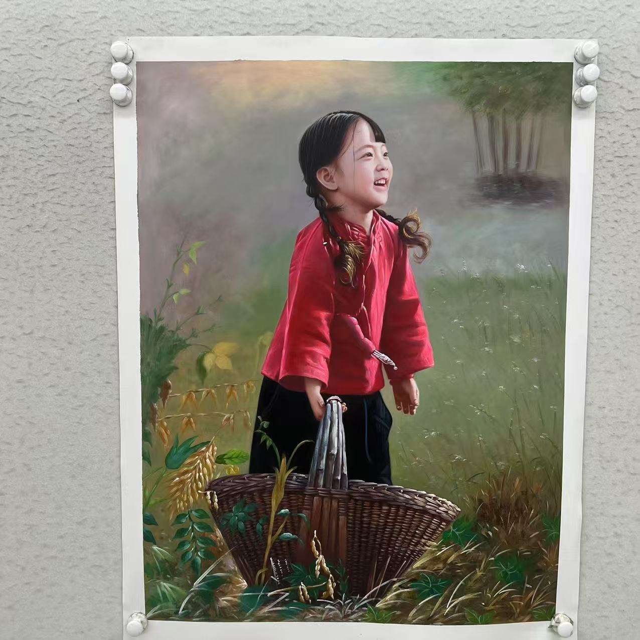 林彦新 -***乡情-提篮子的小女孩-75*100厘米-手绘油画-麻布