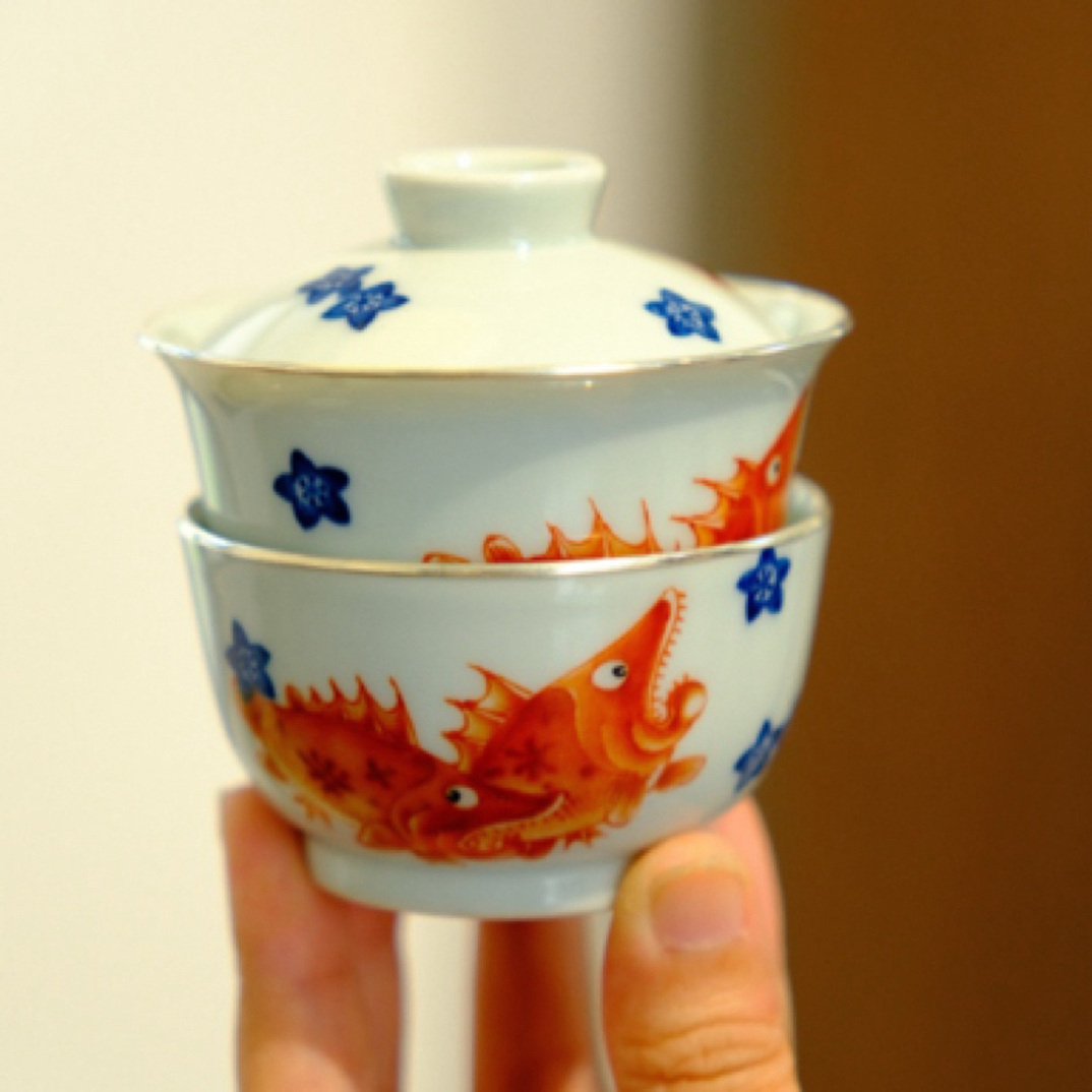 手工手绘斗彩鳜鱼（包银口）陶瓷高档白瓷岩茶盖碗小盖碗茶杯茶具