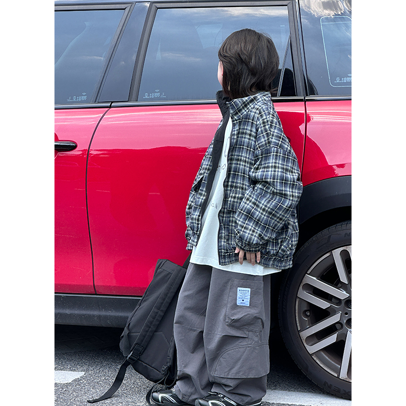 柒号童仓两面穿外套2025新款韩版中大童外套格子男童上衣防风保暖