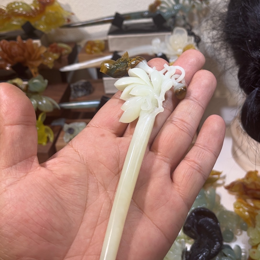 蛇纹石玉发簪合金鑫*